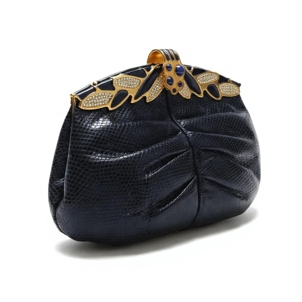 60s- 70s Finesse La Model Snakeskin Navy Blue Clutch Shoulder Bag Gold Hardware